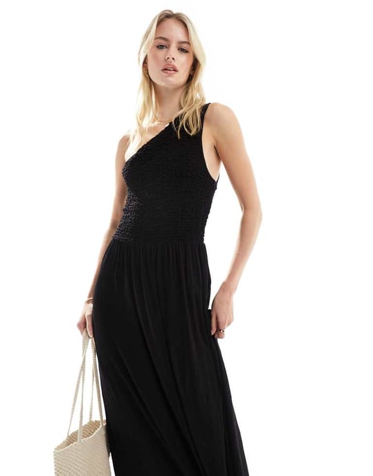 ASOS DESIGN Hög shirrad krinklad enaxlad maxiklänning i svart - Image 2