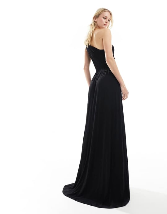ASOS DESIGN Hög shirrad krinklad enaxlad maxiklänning i svart - Image 4
