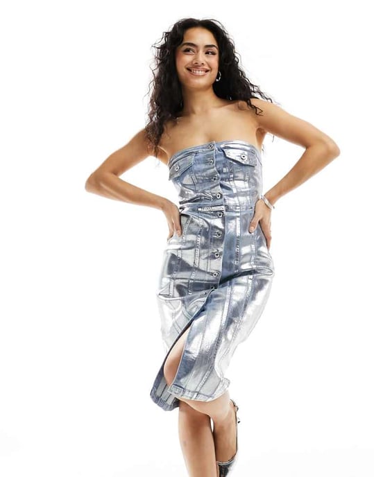Amy Lynn stretch metallisk denimklänning i silverfolie - Image 2