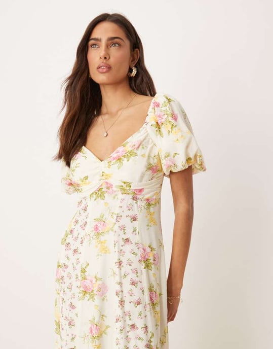 Nobody's Child Peony milkmaid midi dress in cream spliced floral - Image 3