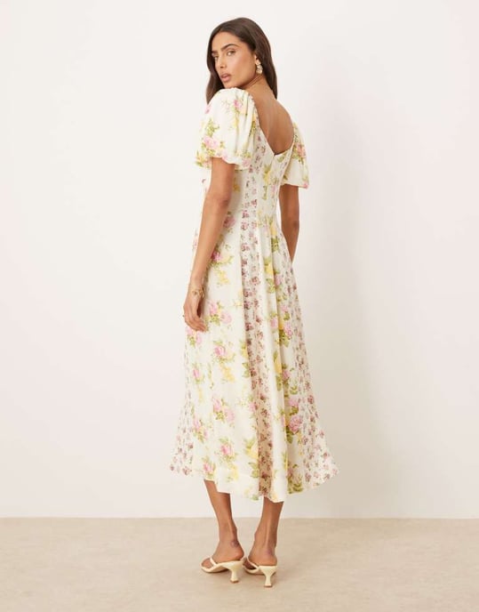 Nobody's Child Peony milkmaid midi dress in cream spliced floral - Image 4