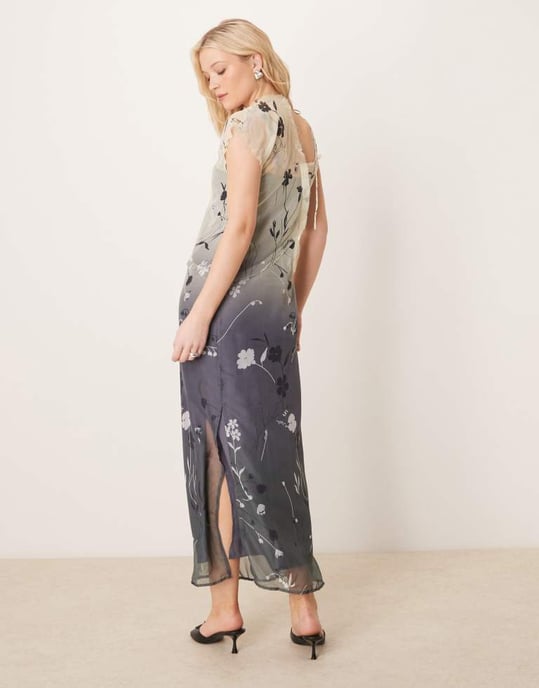 ASOS DESIGN asymmetric tie neck raw edge sheer midi dress in ombre floral print - Image 2