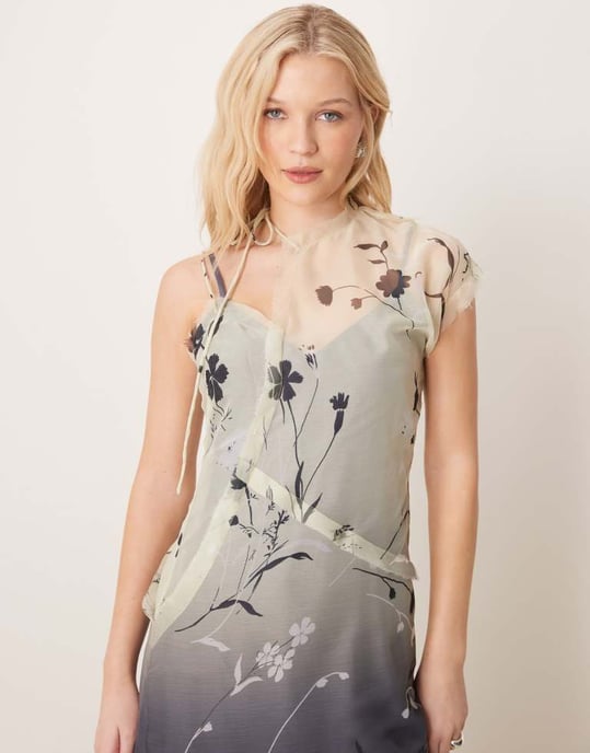 ASOS DESIGN asymmetric tie neck raw edge sheer midi dress in ombre floral print - Image 3