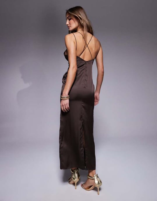 ASOS DESIGN satin midi dress with chiffon bust detail and cross back in chocolate brown - Image 3