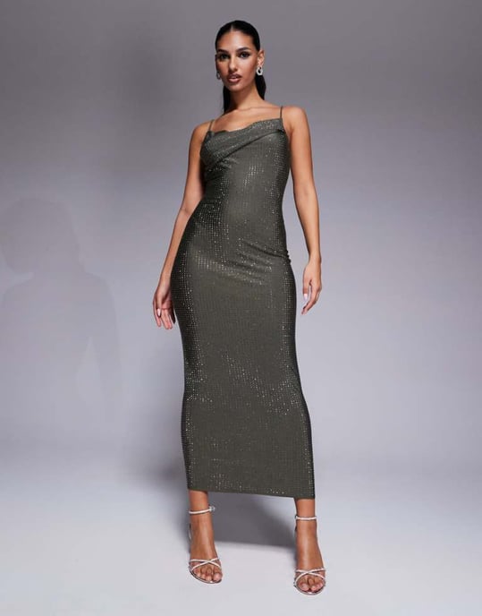 ASOS DESIGN skulpterande jersey midi klänning med nitar och vikbar axel i grått - Image 1