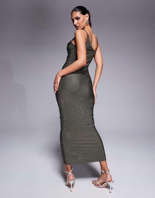 ASOS DESIGN skulpterande jersey midi klänning med nitar och vikbar axel i grått - Image 3