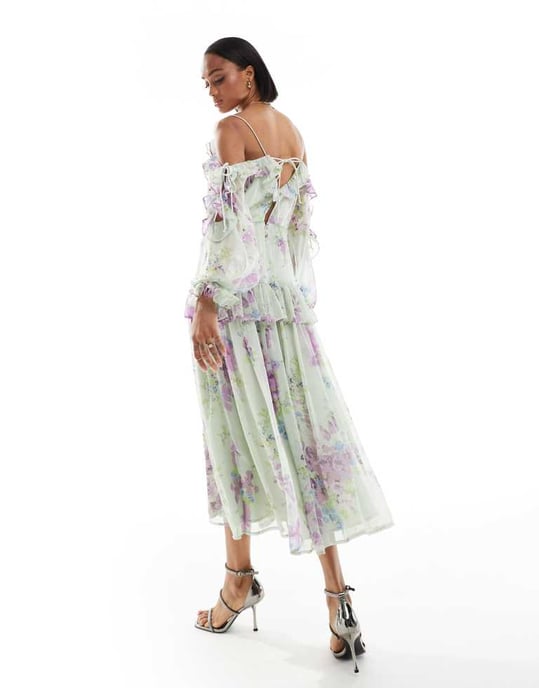 ASOS DESIGN Lång volang off-shoulder midiklänning i grön blommönster - Image 3