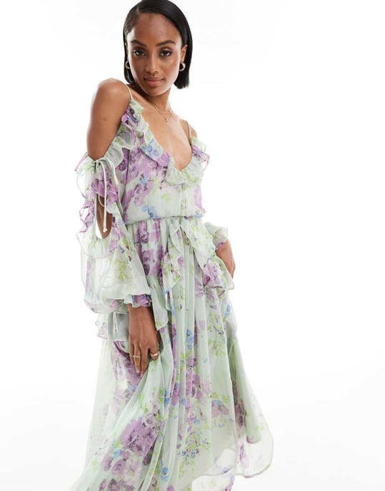 ASOS DESIGN Lång volang off-shoulder midiklänning i grön blommönster - Image 4