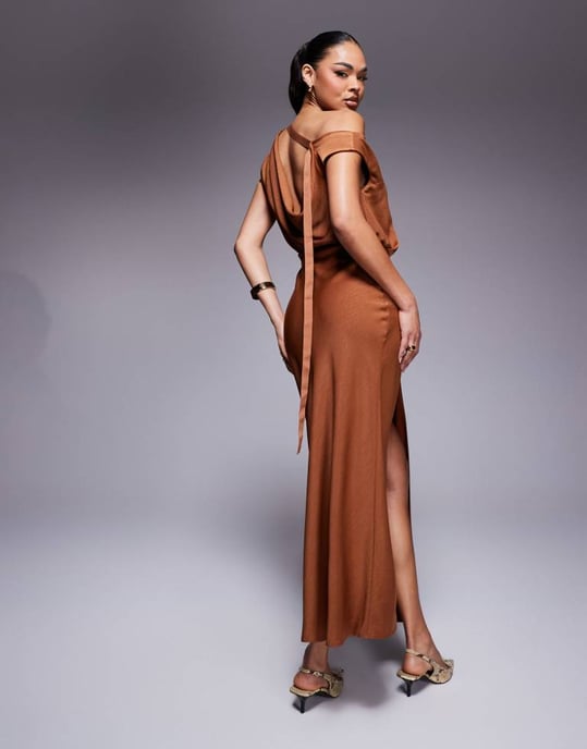 ASOS DESIGN one shoulder midi dress with cowl back grosgrain detail in rust - Image 2