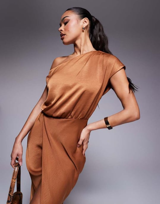ASOS DESIGN one shoulder midi dress with cowl back grosgrain detail in rust - Image 3