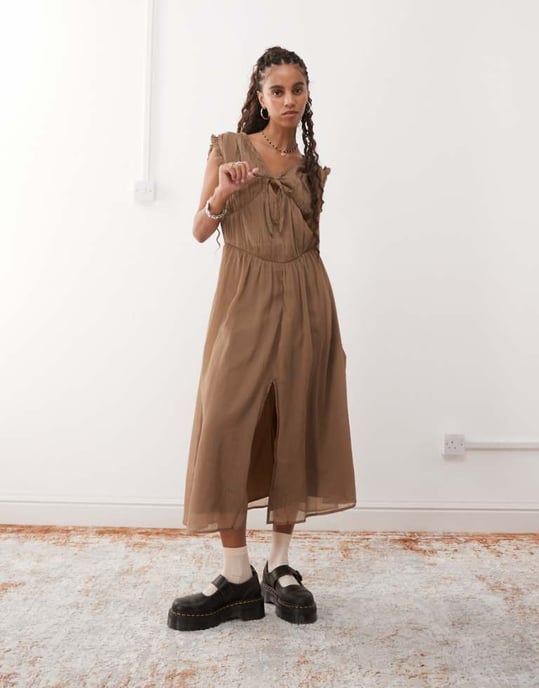 Reclaimed Vintage midi dress with ruched detail and hook and eye - Image 1