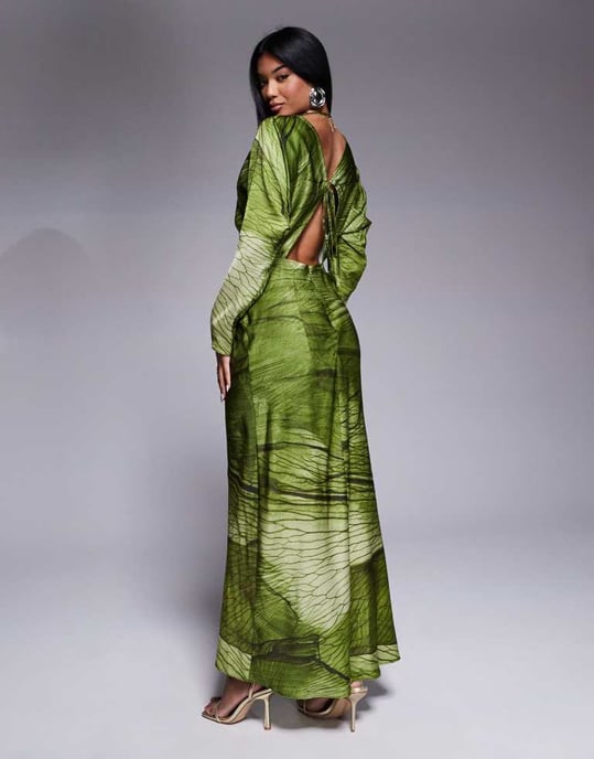 ASOS DESIGN batwing sleeve midi dress with tie front in green abstract leaf print - Image 2