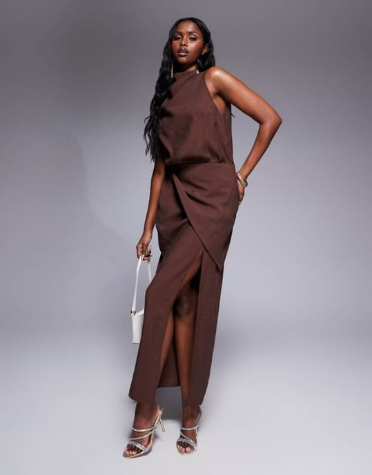 ASOS DESIGN high neck drape midi dress in dark chocolate - Image 1
