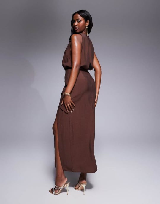 ASOS DESIGN high neck drape midi dress in dark chocolate - Image 2