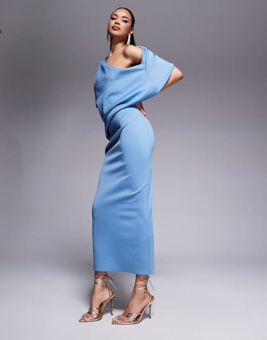 ASOS DESIGN pleated fallen shoulder midi dress with asymmetric back in pale blue in scuba-style fabric - Image 1