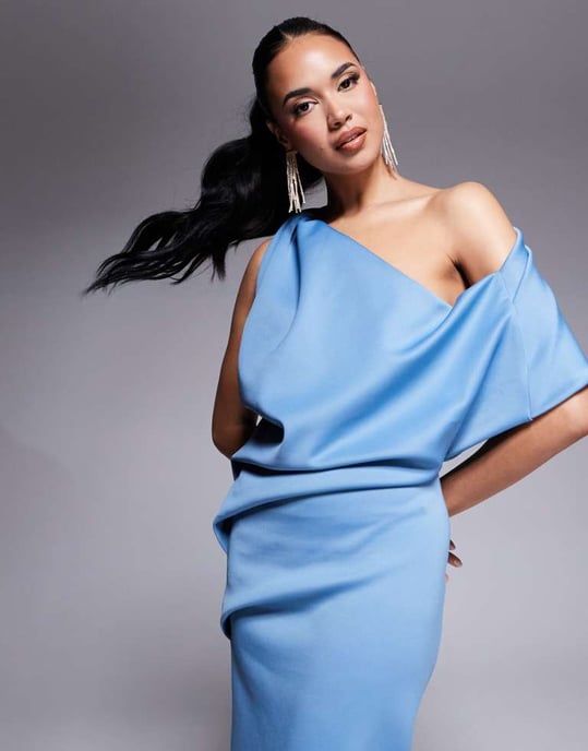 ASOS DESIGN pleated fallen shoulder midi dress with asymmetric back in pale blue in scuba-style fabric - Image 2