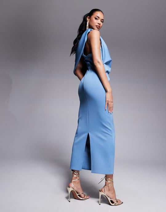 ASOS DESIGN pleated fallen shoulder midi dress with asymmetric back in pale blue in scuba-style fabric - Image 4