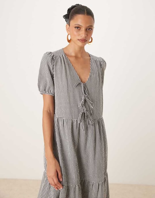 Nobody's Child Bernadetta midi dress in micro mono gingham - Image 3