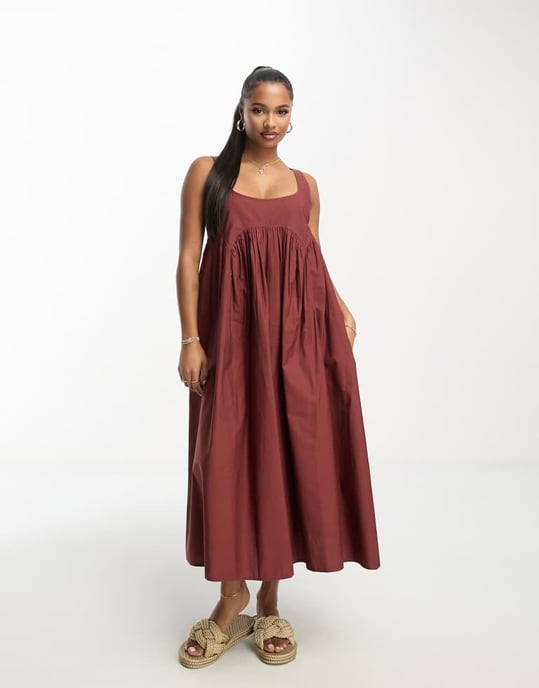 ASOS DESIGN Petite fyrkantig halsringning midi smock sundress i rostbrun - Image 3