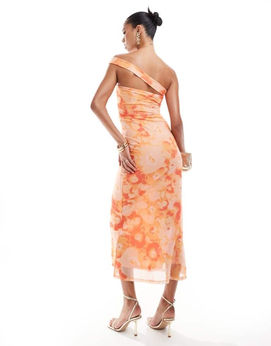 ASOS DESIGN mesh asymmetric strap detail bandeau midi dress in orange floral print - Image 3