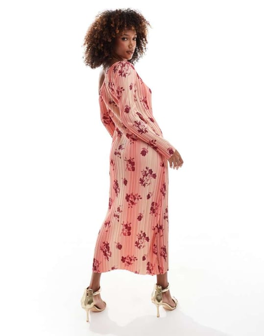ASOS DESIGN asymmetrisk plisserad midiklänning med långa ärmar i ombre blommönster - Image 2