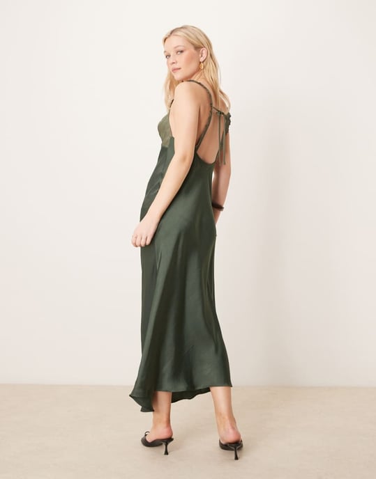 ASOS DESIGN contrast bust cup frill satin midi dress in green colour block - Image 3