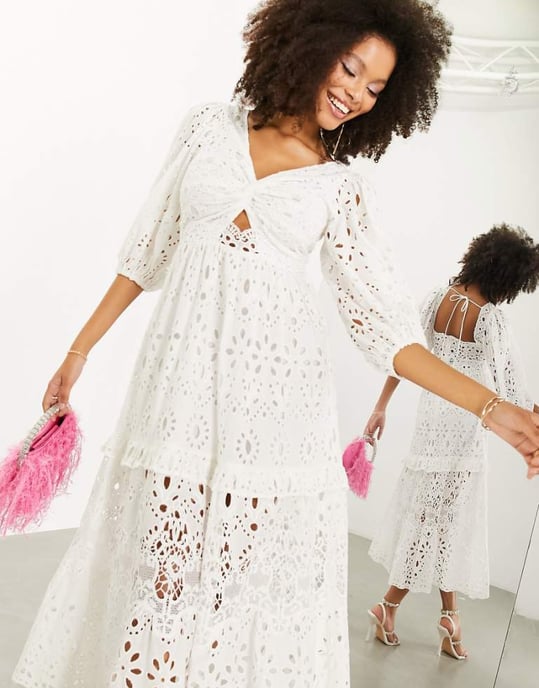ASOS EDITION broderie twist front midi dress with puff sleeve in white - Image 1