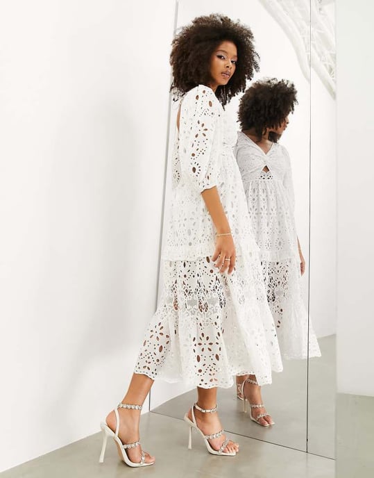 ASOS EDITION broderie twist front midi dress with puff sleeve in white - Image 2