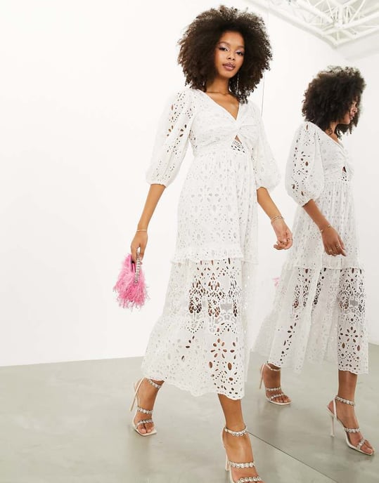 ASOS EDITION broderie twist front midi dress with puff sleeve in white - Image 3