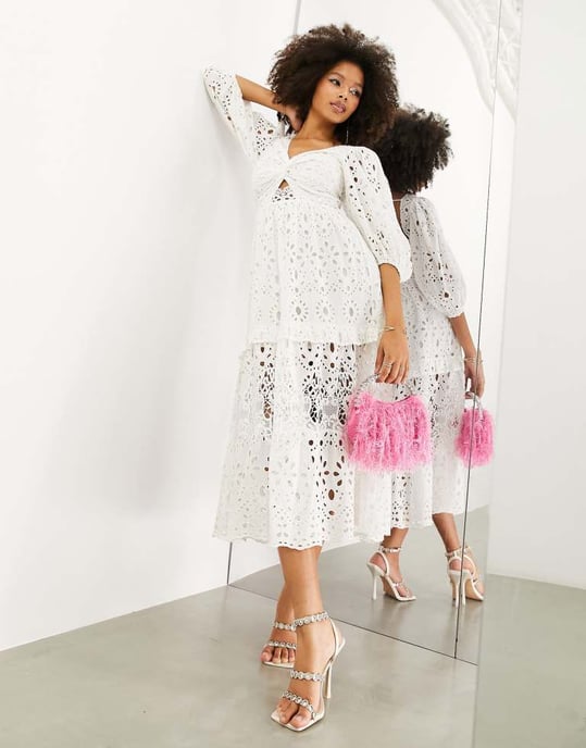 ASOS EDITION broderie twist front midi dress with puff sleeve in white - Image 4