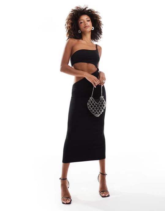 ASOS DESIGN vågformad enaxlad midiklänning med kurvad utskärning i svart - Image 1