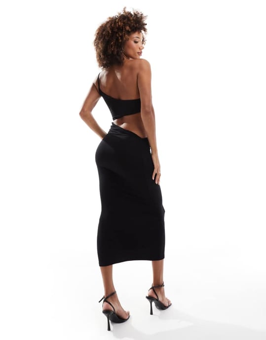ASOS DESIGN vågformad enaxlad midiklänning med kurvad utskärning i svart - Image 4