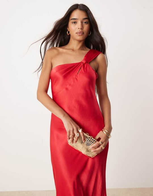 Forever New off shoulder satin midaxi dress in red - Image 4