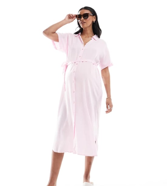 Vero Moda Maternity shirt midi dress with tie belt in pink - Image 1