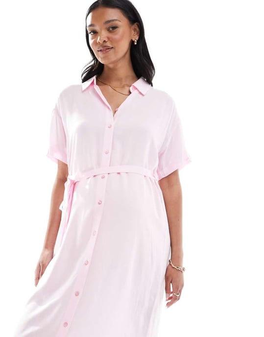 Vero Moda Maternity shirt midi dress with tie belt in pink - Image 2