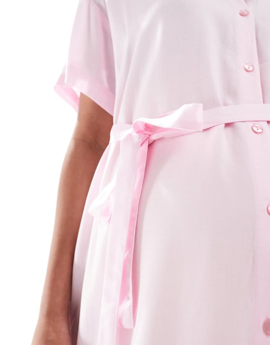 Vero Moda Maternity shirt midi dress with tie belt in pink - Image 3