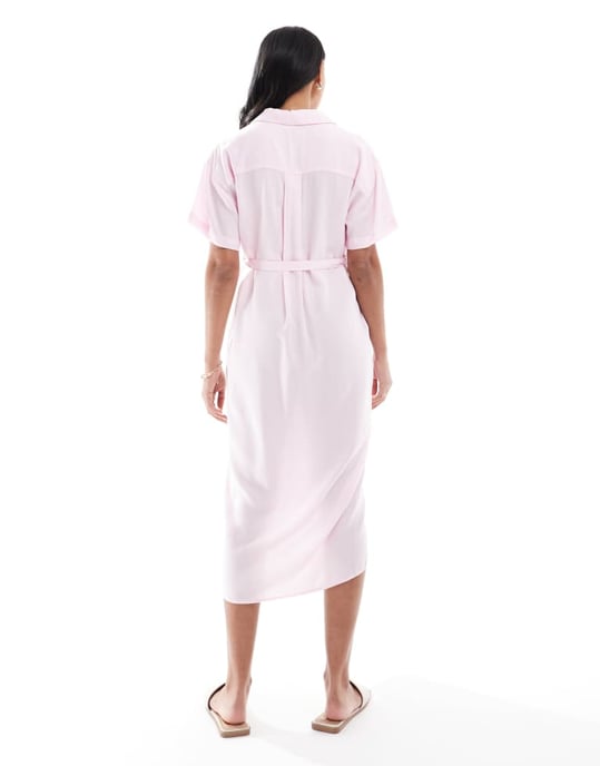 Vero Moda Maternity shirt midi dress with tie belt in pink - Image 4