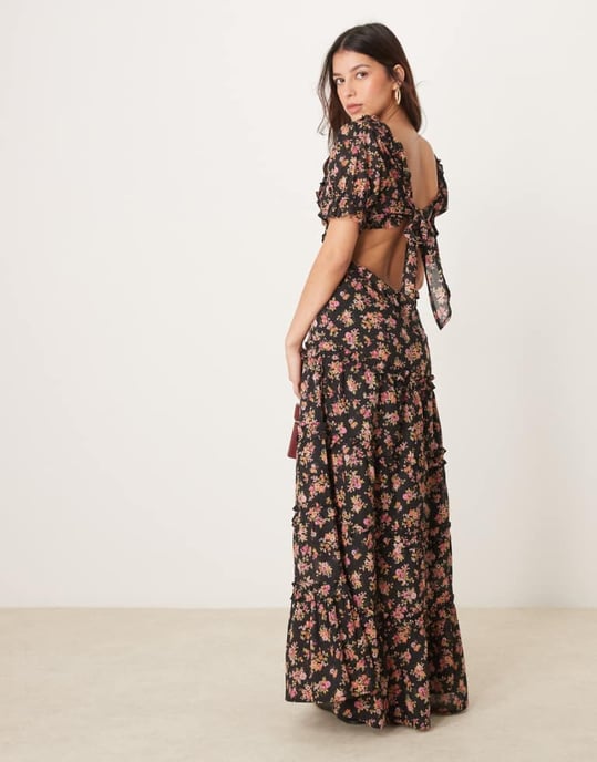 ASOS DESIGN sweetheart neckline midi dress with cut out in dark base floral - Image 1
