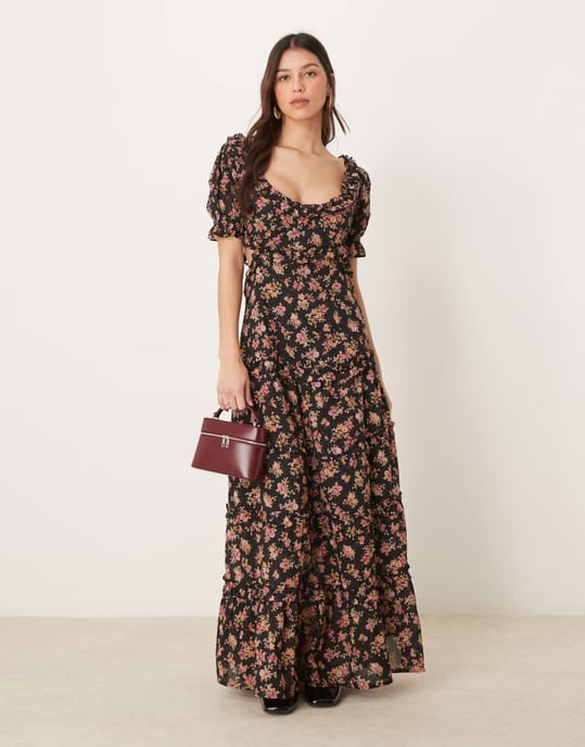 ASOS DESIGN sweetheart neckline midi dress with cut out in dark base floral - Image 2