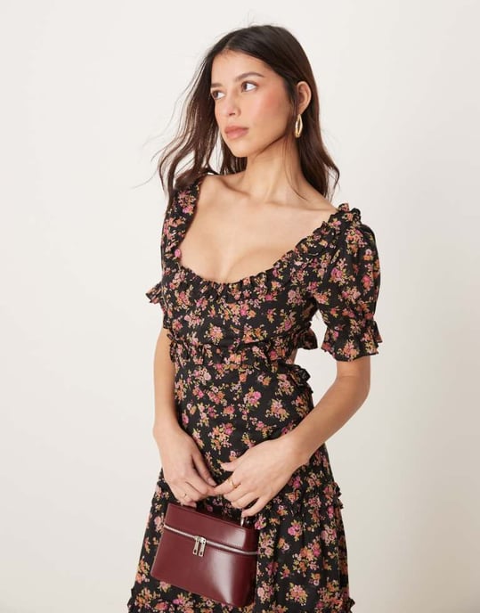ASOS DESIGN sweetheart neckline midi dress with cut out in dark base floral - Image 3