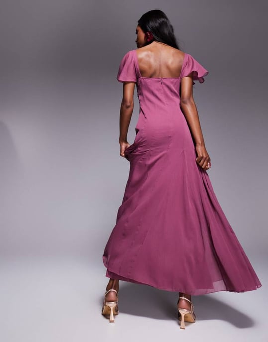 ASOS DESIGN ruched bust flutter sleeve midaxi dress with godets in orchid - Image 3