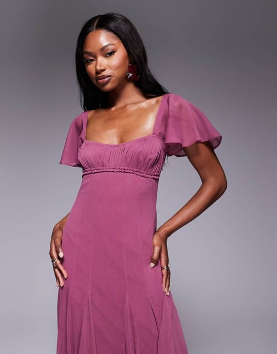 ASOS DESIGN ruched bust flutter sleeve midaxi dress with godets in orchid - Image 4