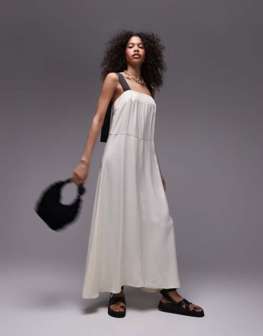 Topshop premium contrast stitch satin twill pinny midi dress in ivory - Image 1