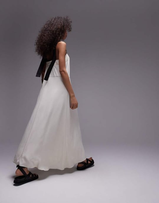 Topshop premium contrast stitch satin twill pinny midi dress in ivory - Image 3