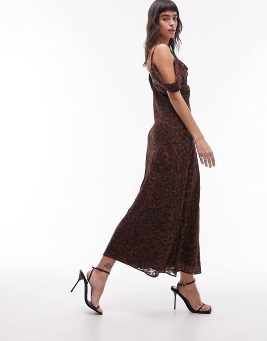 Topshop Premium off shoulder cami midi dress in animal jacquard print - Image 2