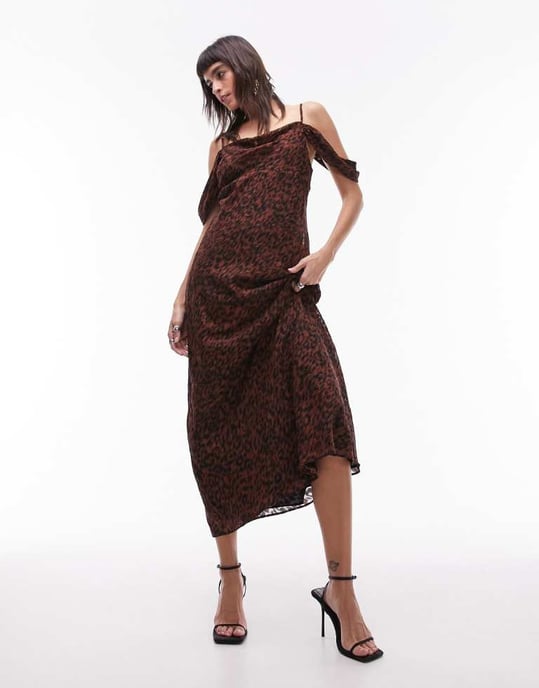 Topshop Premium off shoulder cami midi dress in animal jacquard print - Image 3