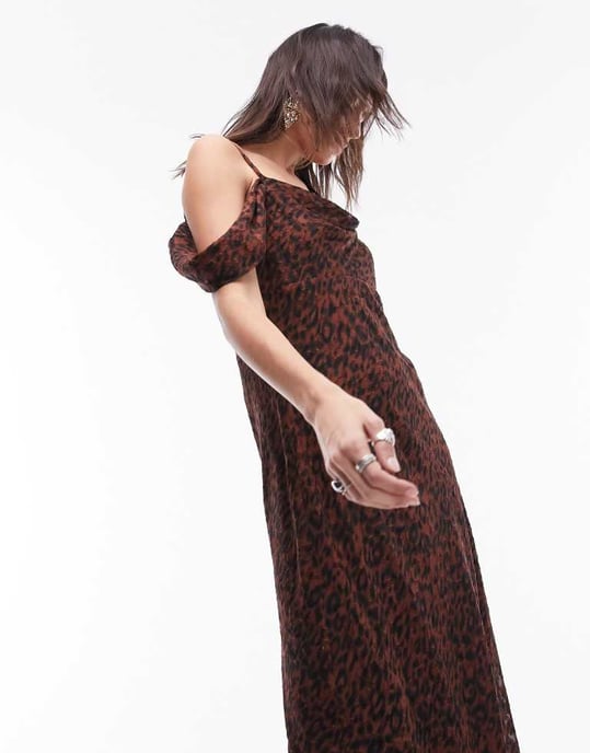 Topshop Premium off shoulder cami midi dress in animal jacquard print - Image 4