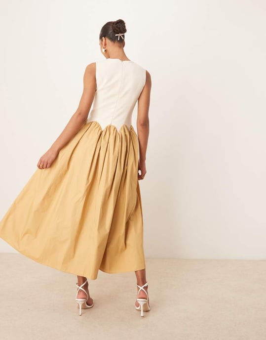 Never Fully Dressed contrast drop hem midaxi dress in camel - Image 3