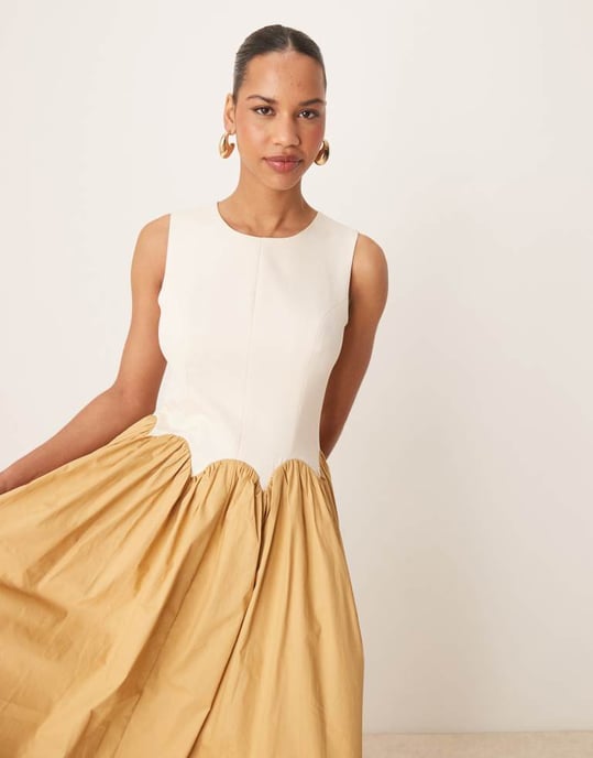 Never Fully Dressed contrast drop hem midaxi dress in camel - Image 4