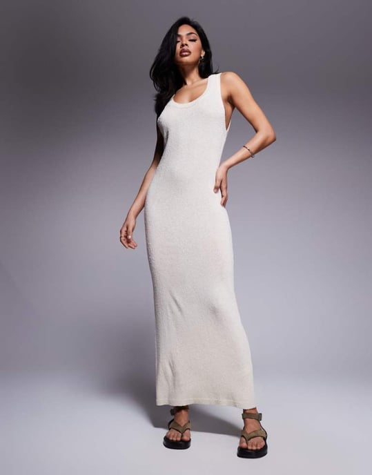 ASOS DESIGN knitted scoop neck textured midaxi dress in cream - Image 1